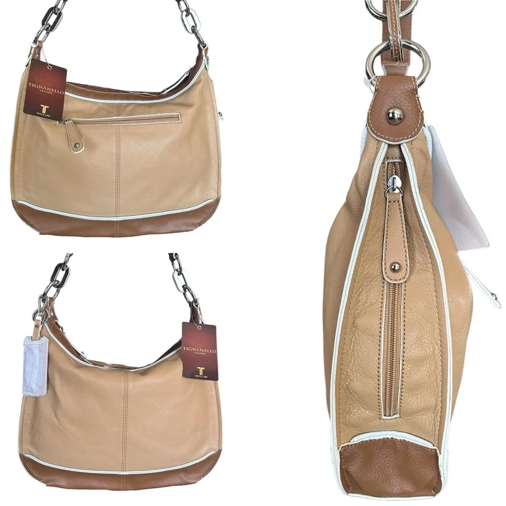 Tignanello Two-Tone Tan & Brown Leather Shoulder Bag White Ribbed Details New!